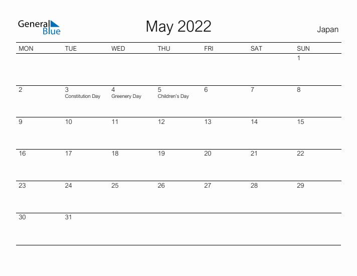 Printable May 2022 Calendar for Japan