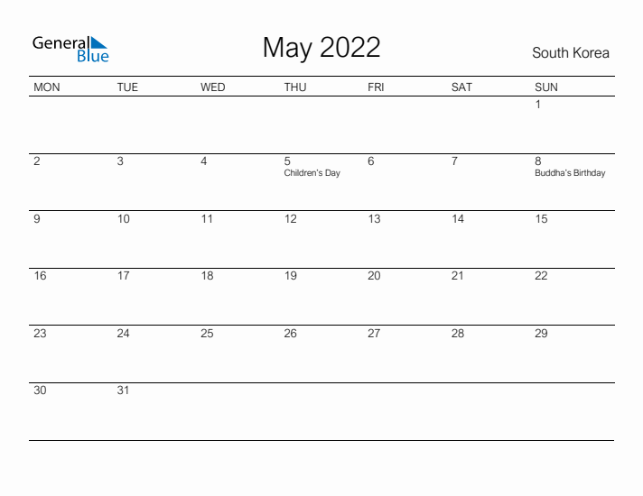 Printable May 2022 Calendar for South Korea