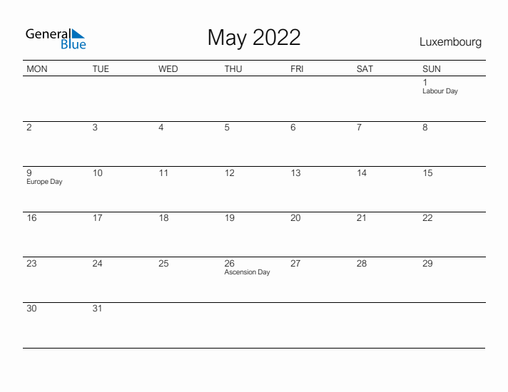 Printable May 2022 Calendar for Luxembourg
