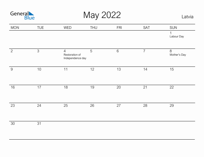 Printable May 2022 Calendar for Latvia