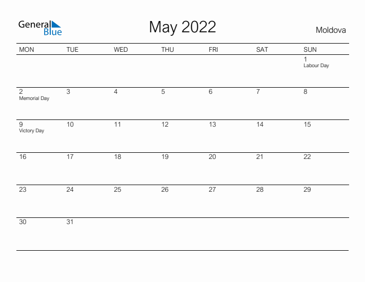 Printable May 2022 Calendar for Moldova