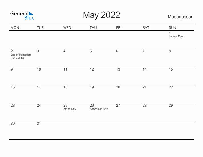 Printable May 2022 Calendar for Madagascar