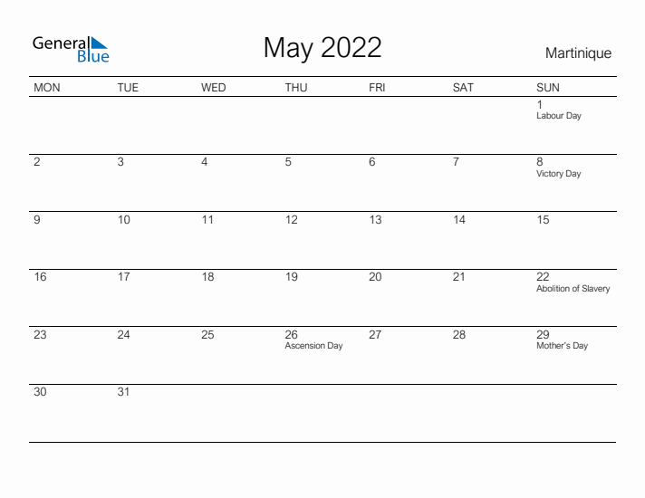 Printable May 2022 Calendar for Martinique