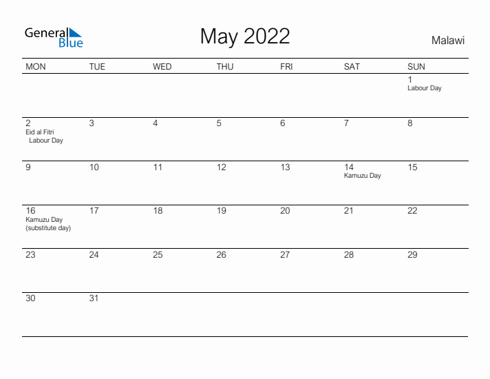 Printable May 2022 Calendar for Malawi