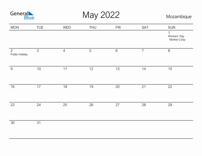Printable May 2022 Calendar for Mozambique