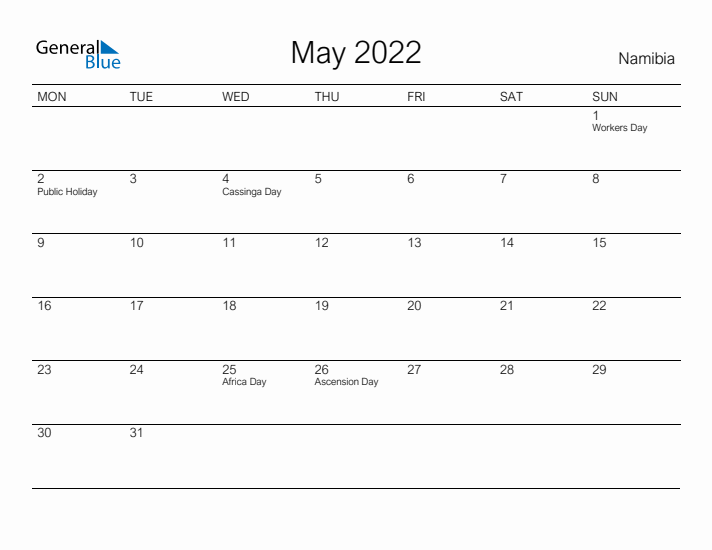 Printable May 2022 Calendar for Namibia
