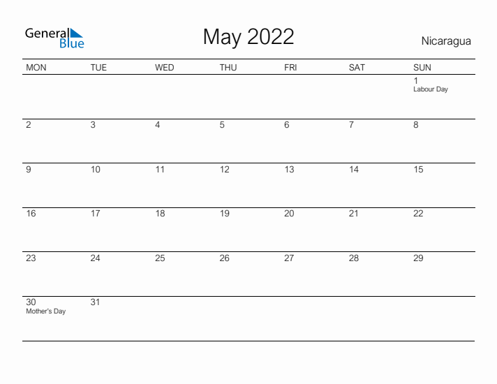 Printable May 2022 Calendar for Nicaragua