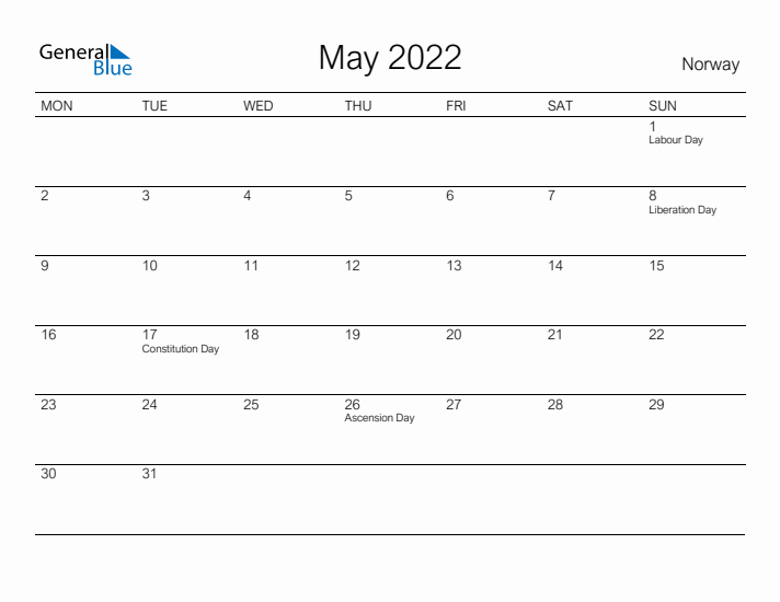 Printable May 2022 Calendar for Norway