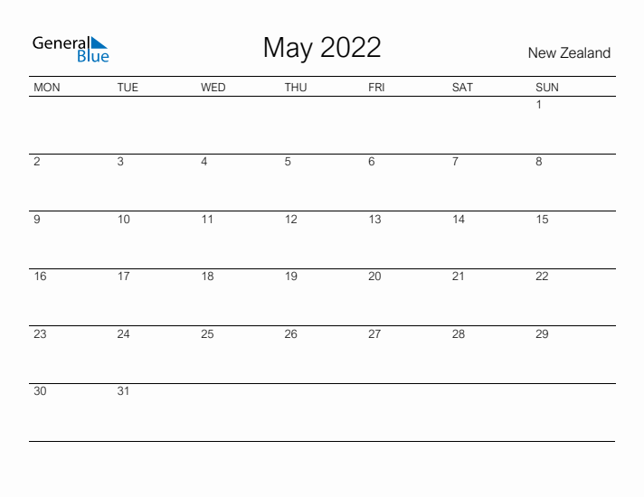 Printable May 2022 Calendar for New Zealand
