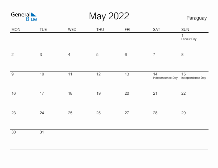 Printable May 2022 Calendar for Paraguay