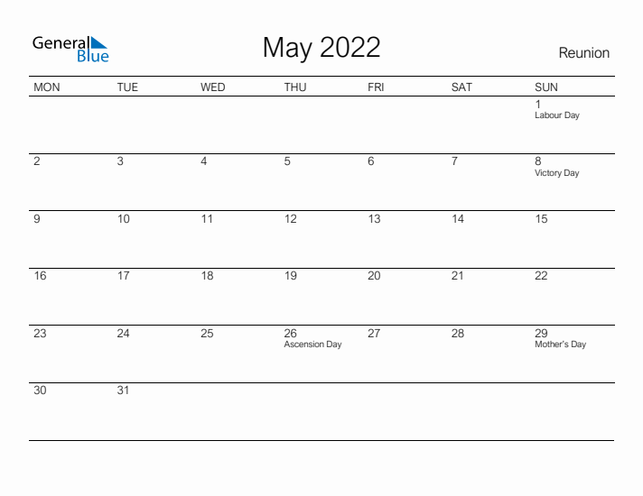 Printable May 2022 Calendar for Reunion
