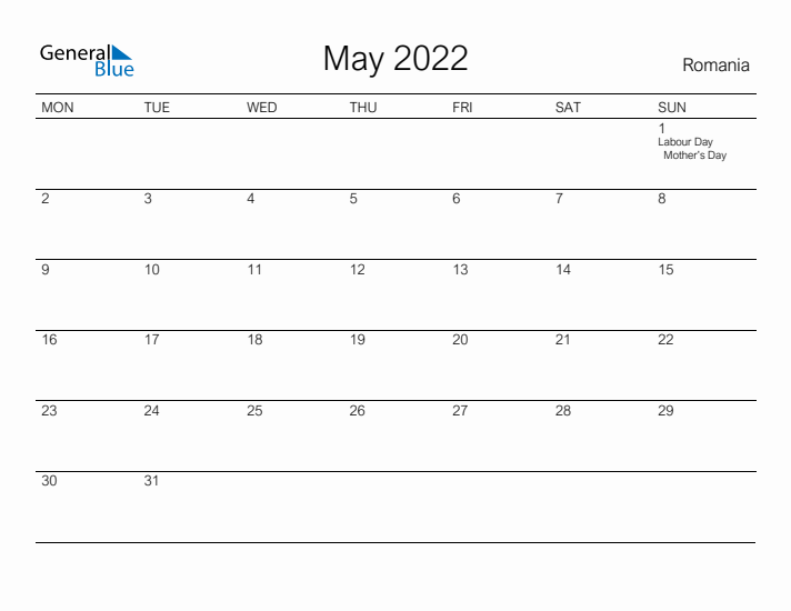 Printable May 2022 Calendar for Romania