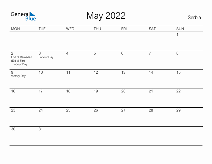 Printable May 2022 Calendar for Serbia
