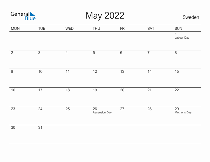 Printable May 2022 Calendar for Sweden