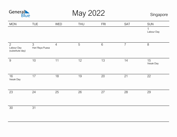Printable May 2022 Calendar for Singapore