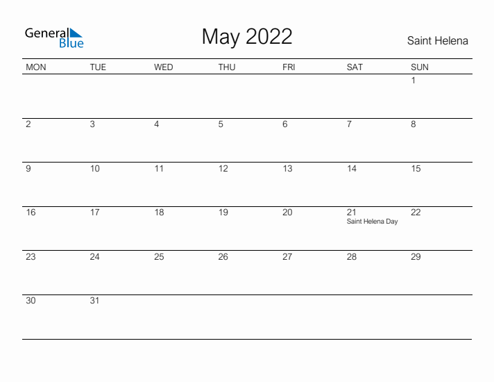 Printable May 2022 Calendar for Saint Helena