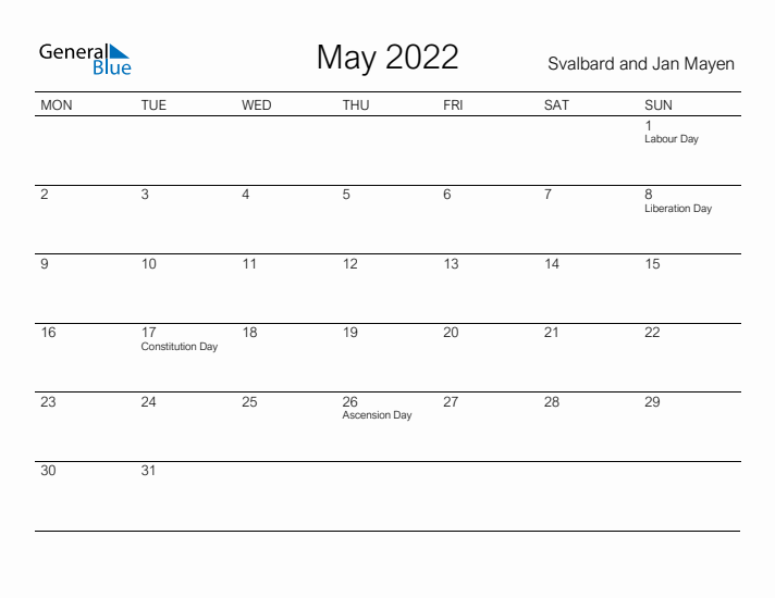 Printable May 2022 Calendar for Svalbard and Jan Mayen