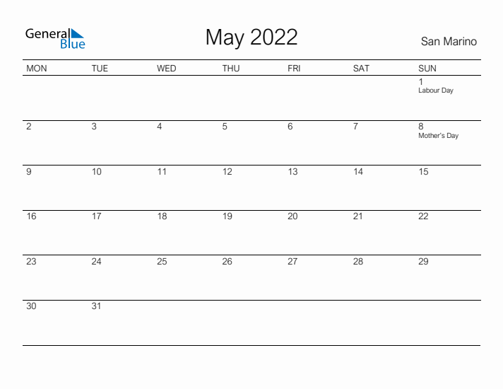 Printable May 2022 Calendar for San Marino
