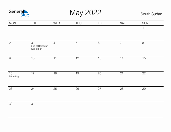 Printable May 2022 Calendar for South Sudan