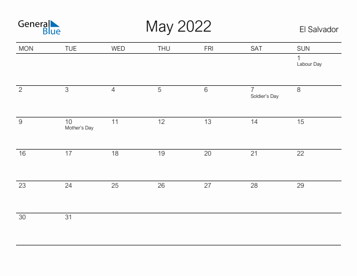 Printable May 2022 Calendar for El Salvador