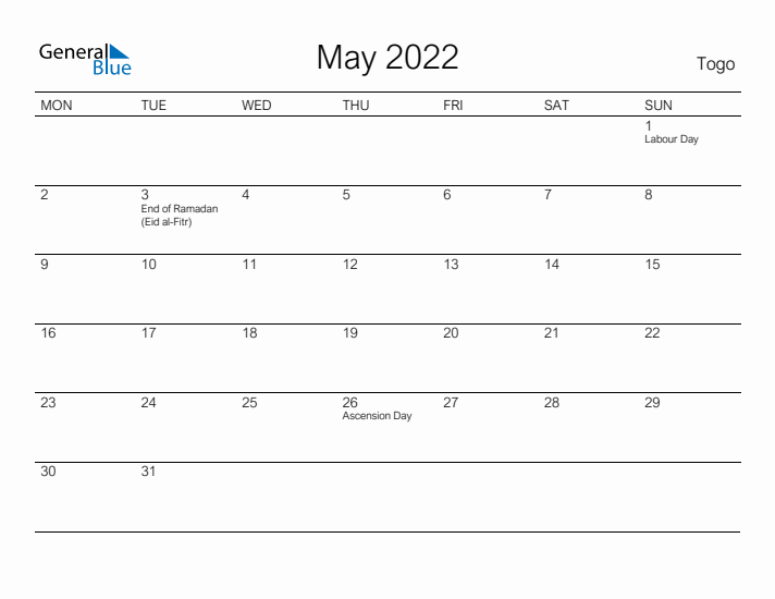 Printable May 2022 Calendar for Togo
