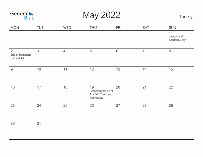 Printable May 2022 Calendar for Turkey
