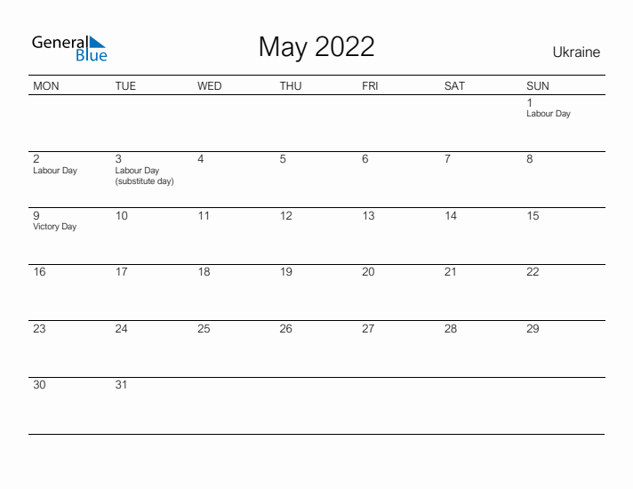 Printable May 2022 Calendar for Ukraine