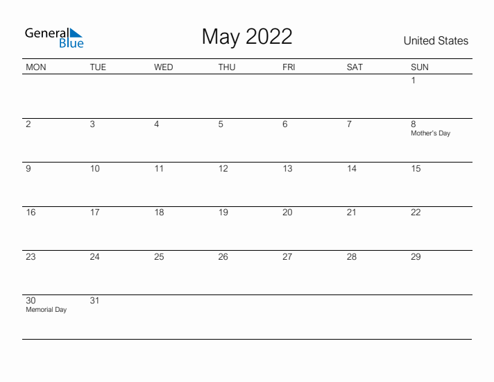 Printable May 2022 Calendar for United States