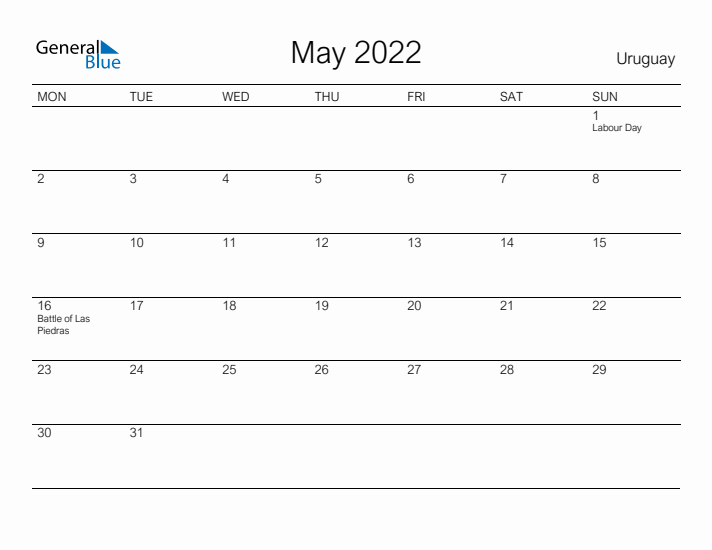 Printable May 2022 Calendar for Uruguay