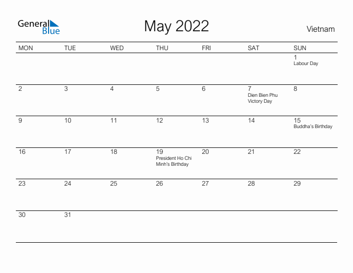 Printable May 2022 Calendar for Vietnam