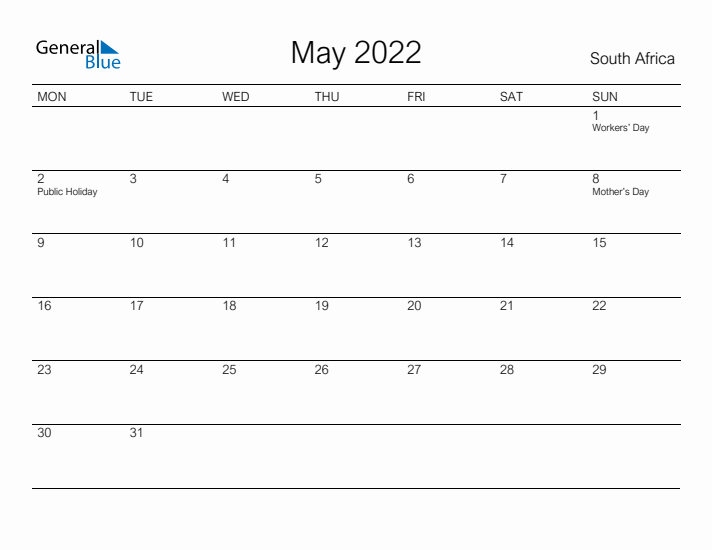 Printable May 2022 Calendar for South Africa