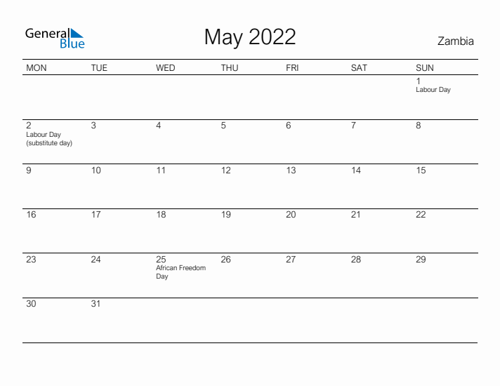 Printable May 2022 Calendar for Zambia