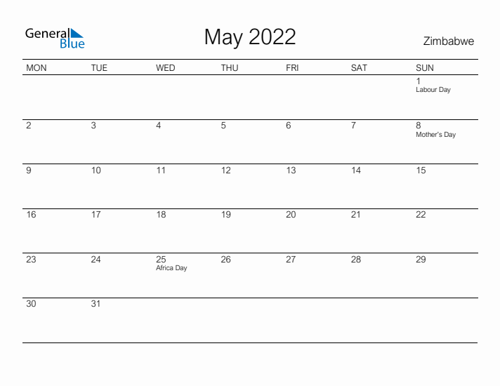 Printable May 2022 Calendar for Zimbabwe