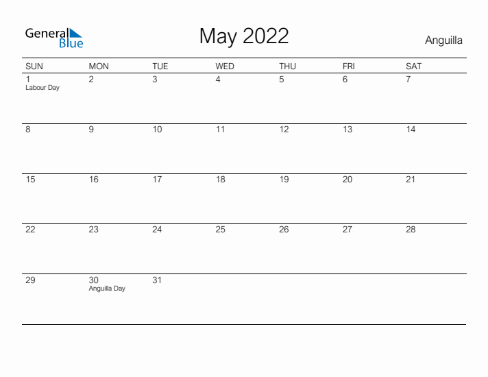 Printable May 2022 Calendar for Anguilla