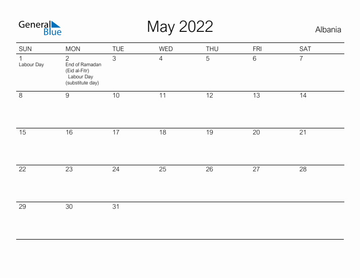 Printable May 2022 Calendar for Albania