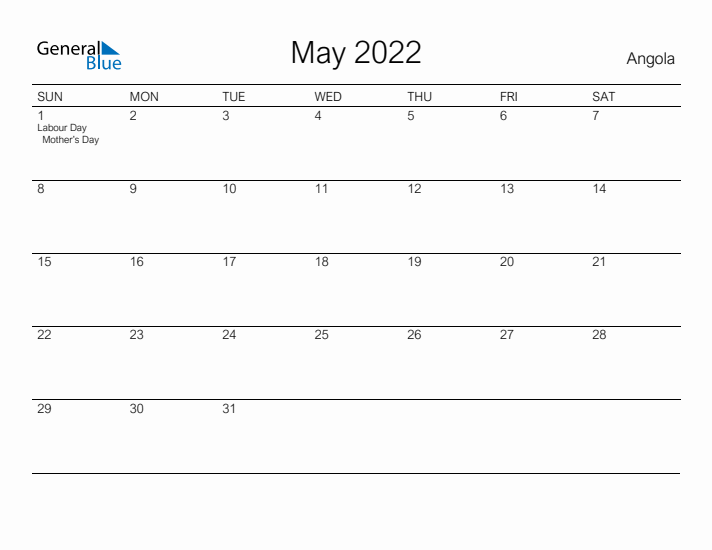 Printable May 2022 Calendar for Angola