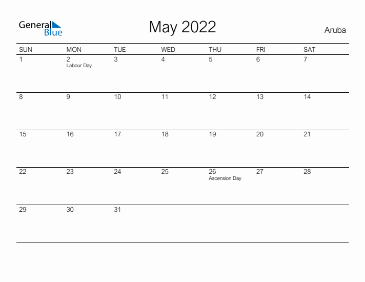 Printable May 2022 Calendar for Aruba