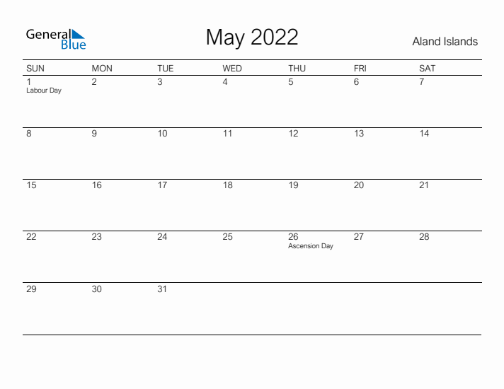 Printable May 2022 Calendar for Aland Islands
