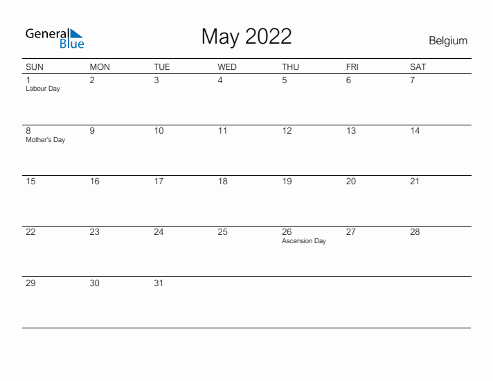 Printable May 2022 Calendar for Belgium