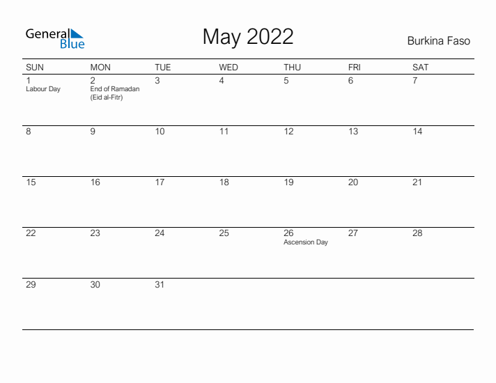 Printable May 2022 Calendar for Burkina Faso