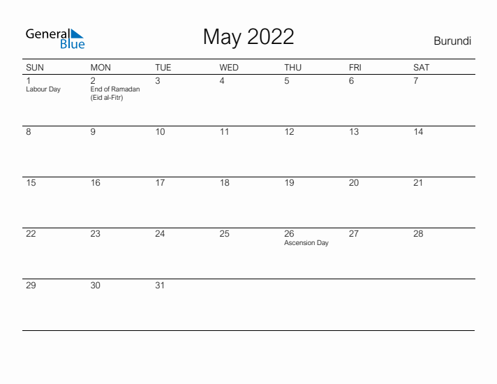 Printable May 2022 Calendar for Burundi