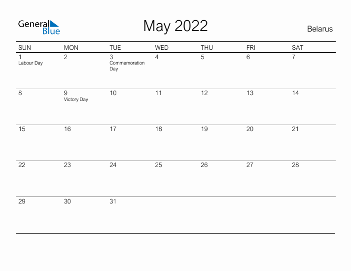 Printable May 2022 Calendar for Belarus