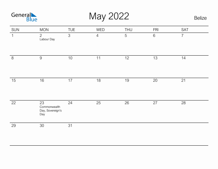 Printable May 2022 Calendar for Belize