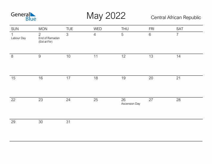 Printable May 2022 Calendar for Central African Republic