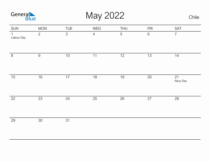 Printable May 2022 Calendar for Chile
