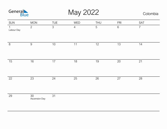 Printable May 2022 Calendar for Colombia