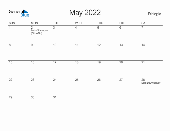 Printable May 2022 Calendar for Ethiopia