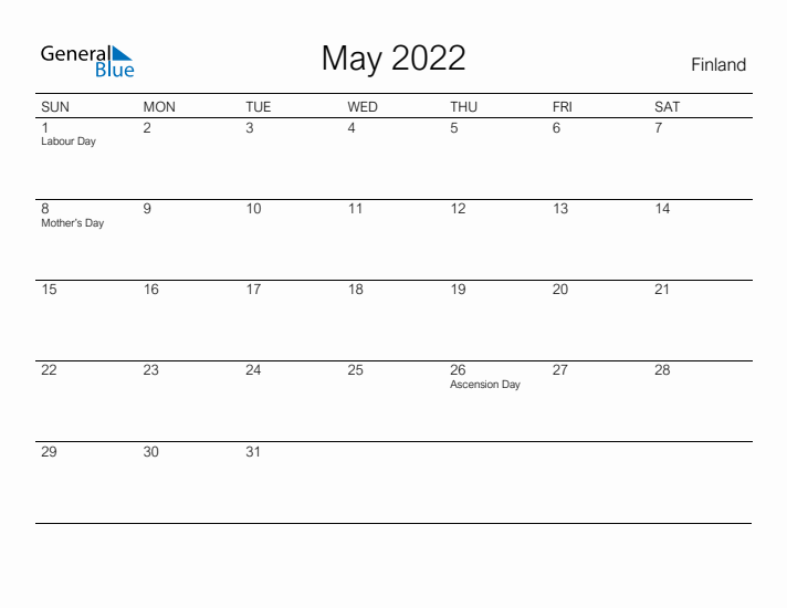 Printable May 2022 Calendar for Finland