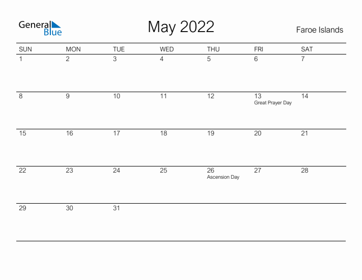 Printable May 2022 Calendar for Faroe Islands