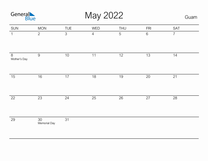 Printable May 2022 Calendar for Guam